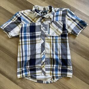 UNDER ARMOR Plaid Button Up Short Sleeve Shirt Blue Green y2k Men's Large